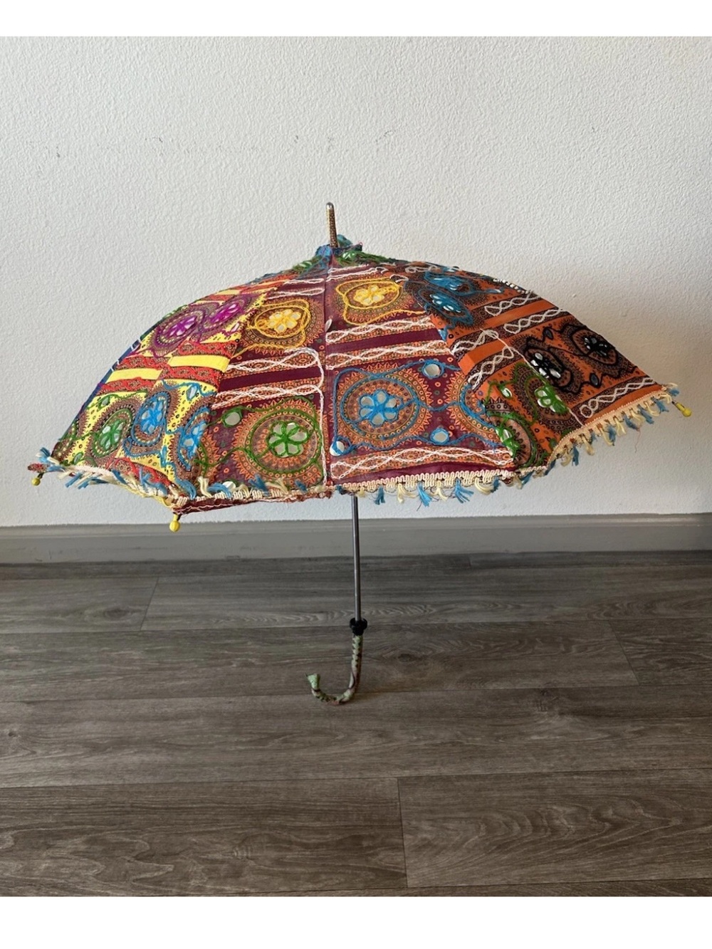 VTG Handmade Indian Rajasthani Mirror Work Embroidered Parasol Umbrella Bohemian
